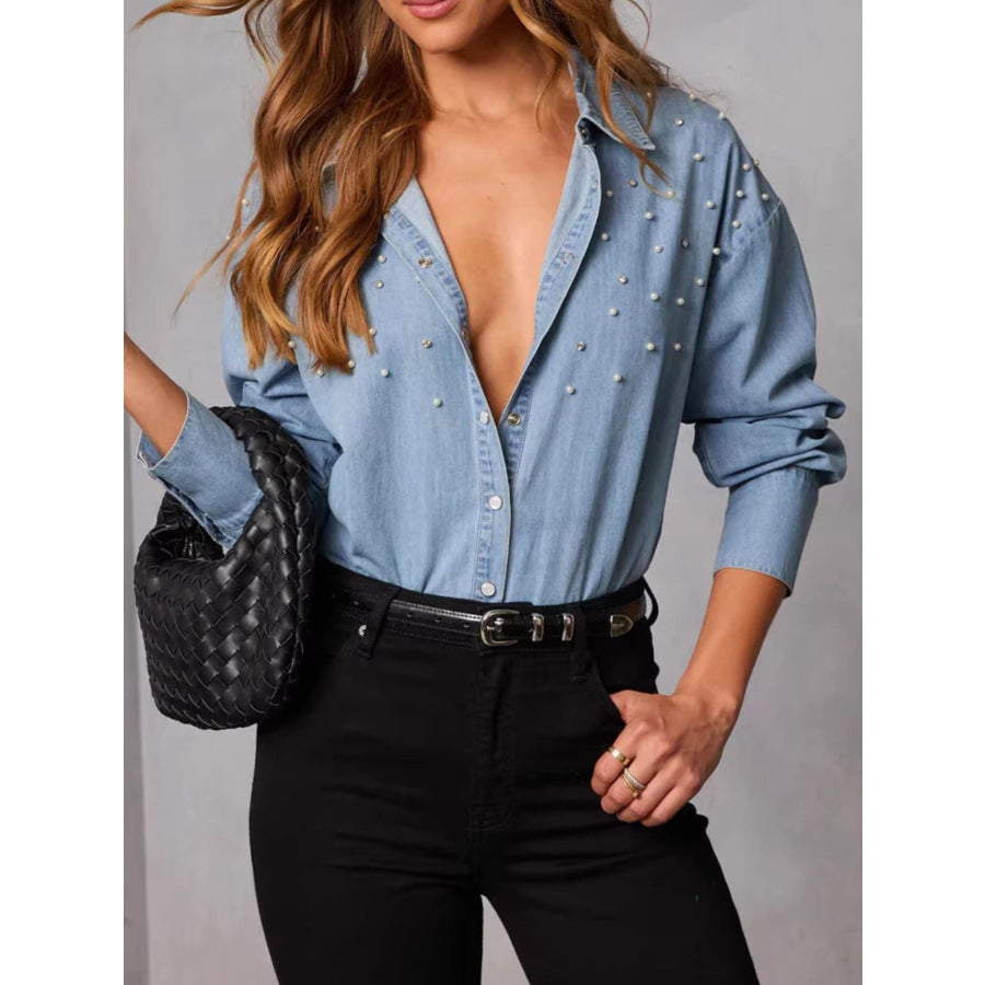 Pearl Embellished Button Up Denim Shirt Light Blue / S Apparel and Accessories