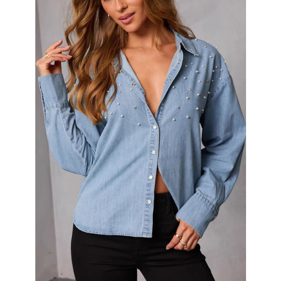 Pearl Embellished Button Up Denim Shirt Apparel and Accessories