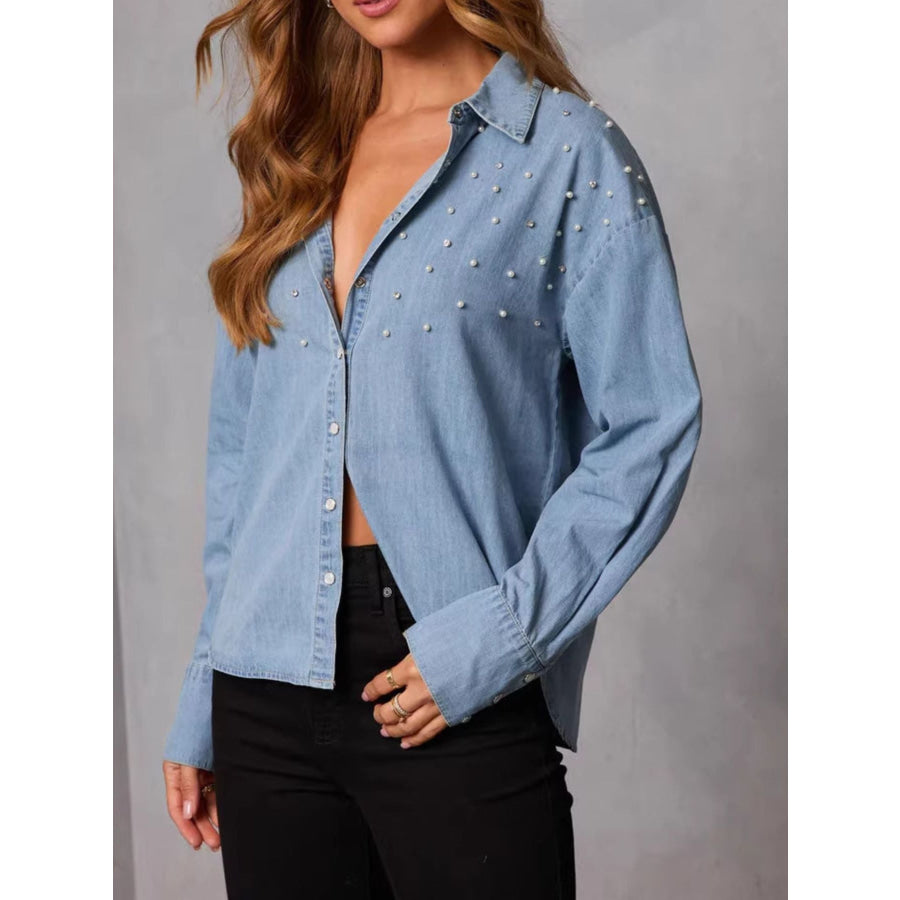 Pearl Embellished Button Up Denim Shirt Apparel and Accessories
