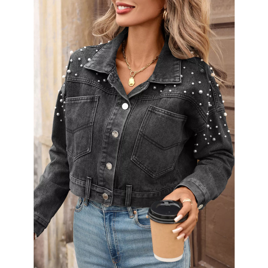 Pearl Embellished Cropped Denim Jacket Apparel and Accessories