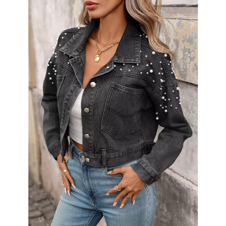 Pearl Embellished Cropped Denim Jacket Apparel and Accessories