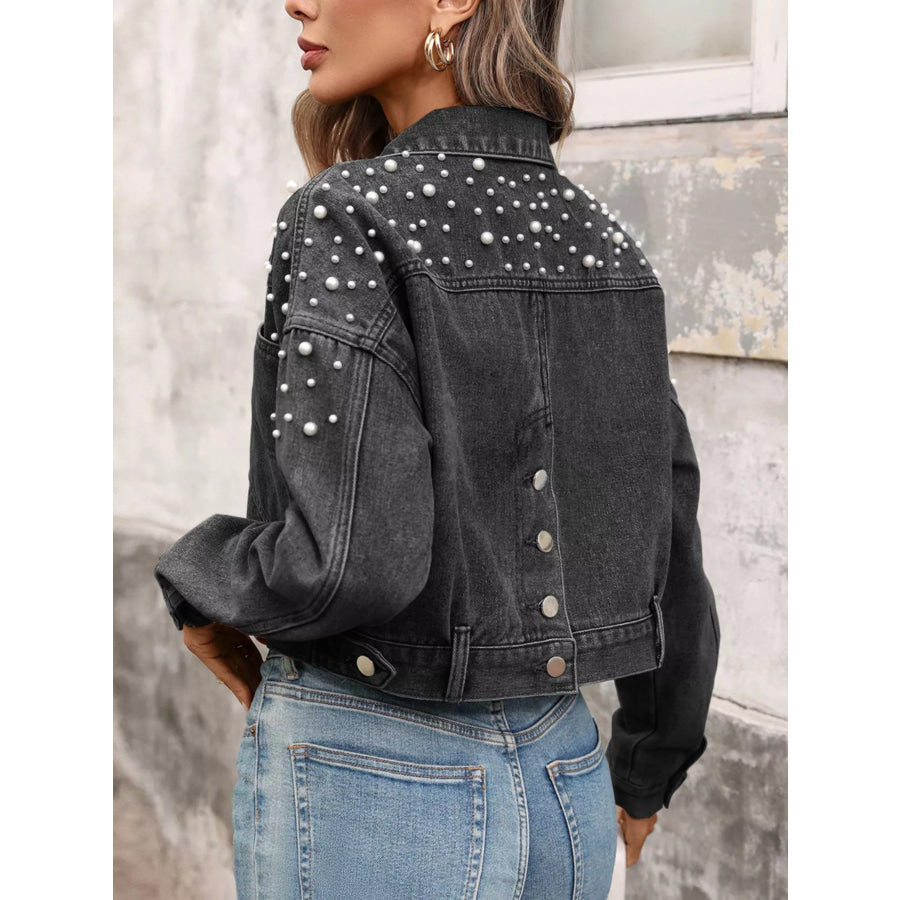 Pearl Embellished Cropped Denim Jacket Apparel and Accessories