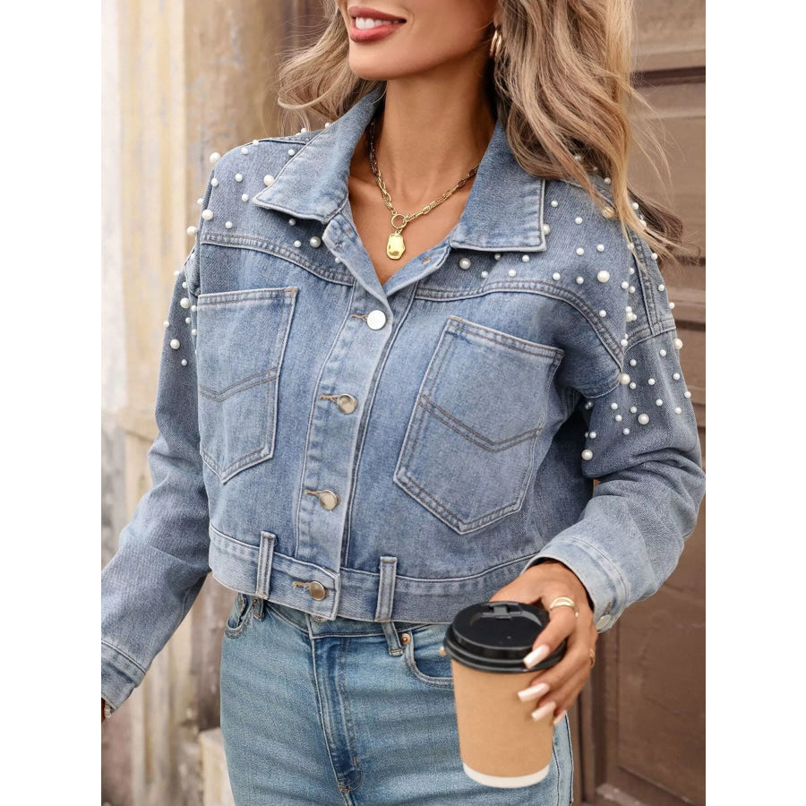 Pearl Embellished Cropped Denim Jacket Apparel and Accessories