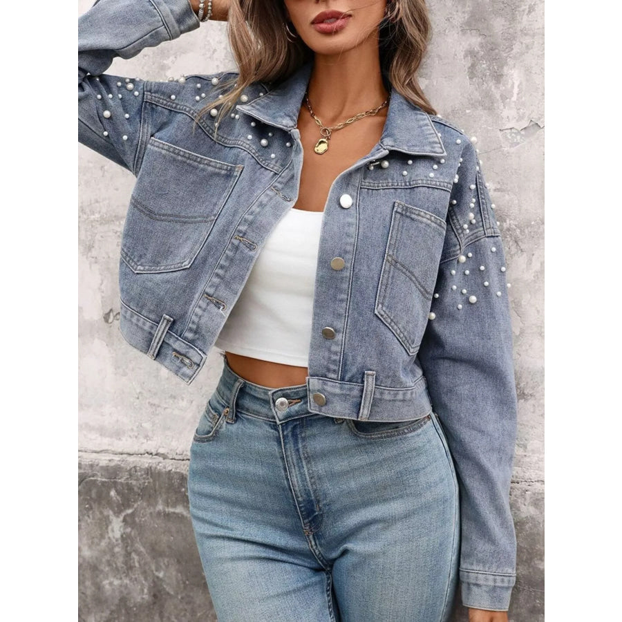 Pearl Embellished Cropped Denim Jacket Apparel and Accessories