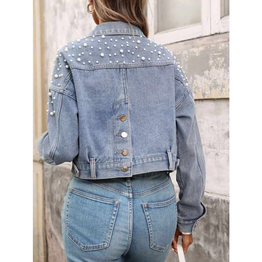 Pearl Embellished Cropped Denim Jacket Apparel and Accessories
