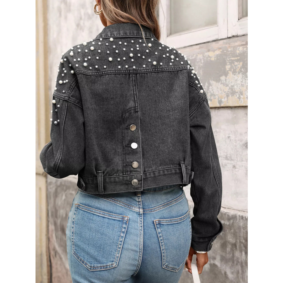 Pearl Embellished Cropped Denim Jacket Apparel and Accessories