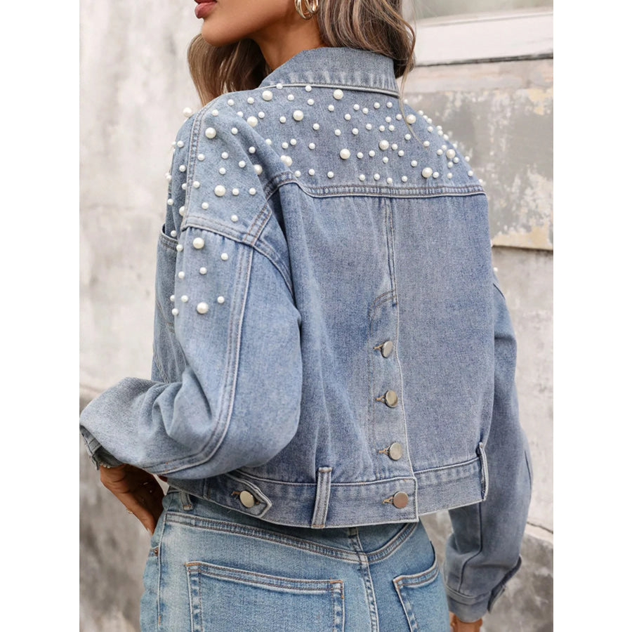 Pearl Embellished Cropped Denim Jacket Apparel and Accessories