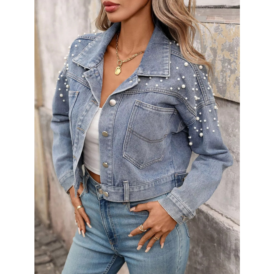 Pearl Embellished Cropped Denim Jacket Light Blue / S Apparel and Accessories