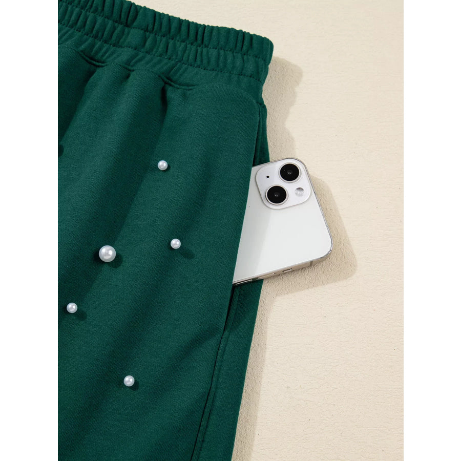 Pearl Embellished Drop Shoulder Pullover Elastic Waist Mini Skirt Set Apparel and Accessories