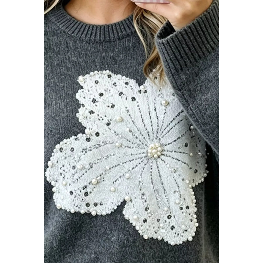 Pearl Embellished Floral Dropped Shoulder Sweater Apparel and Accessories