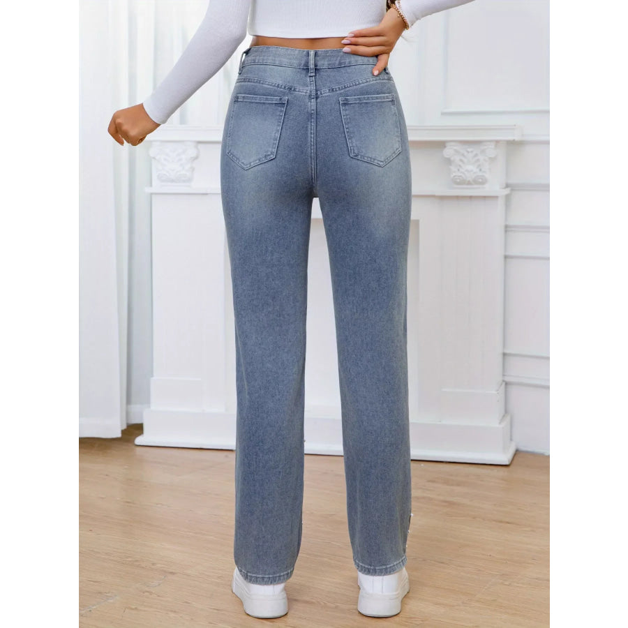 Pearl Embellished High Waist Straight Jeans Apparel and Accessories