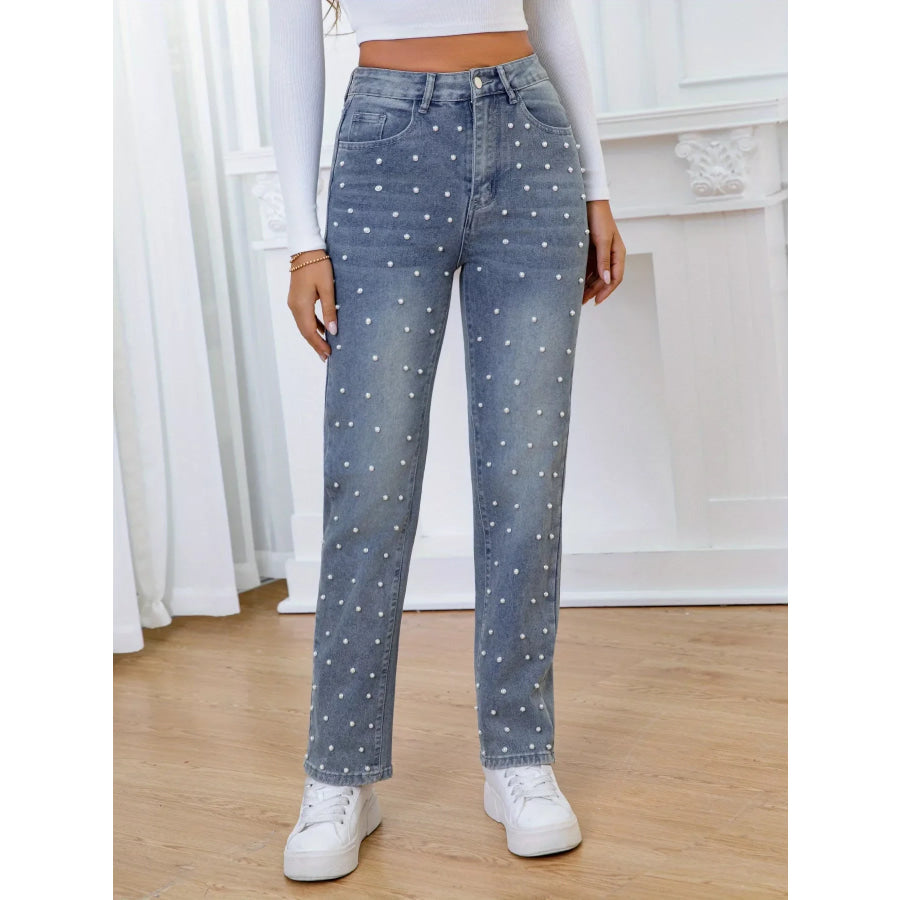 Pearl Embellished High Waist Straight Jeans Apparel and Accessories