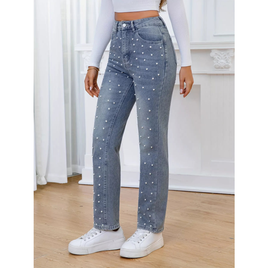 Pearl Embellished High Waist Straight Jeans Apparel and Accessories