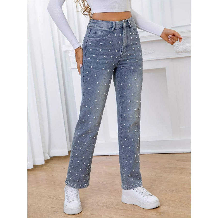Pearl Embellished High Waist Straight Jeans Apparel and Accessories