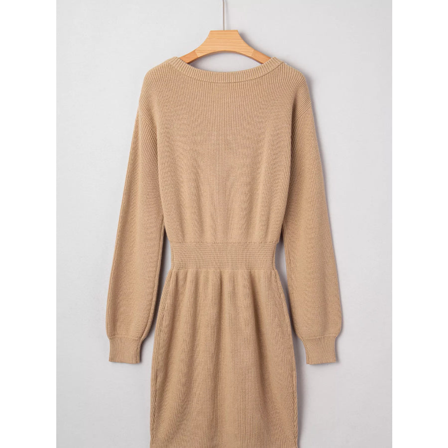 Pearl Embellished Keyhole Ribbed Sweater Dress Apparel and Accessories
