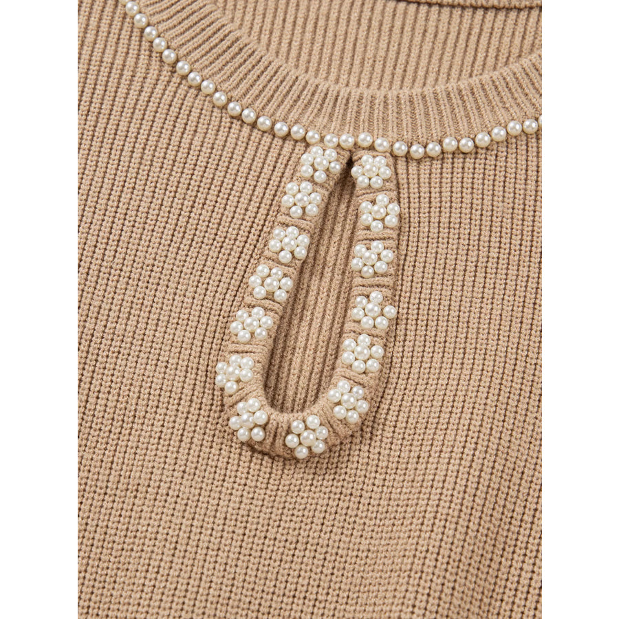 Pearl Embellished Keyhole Ribbed Sweater Dress Apparel and Accessories