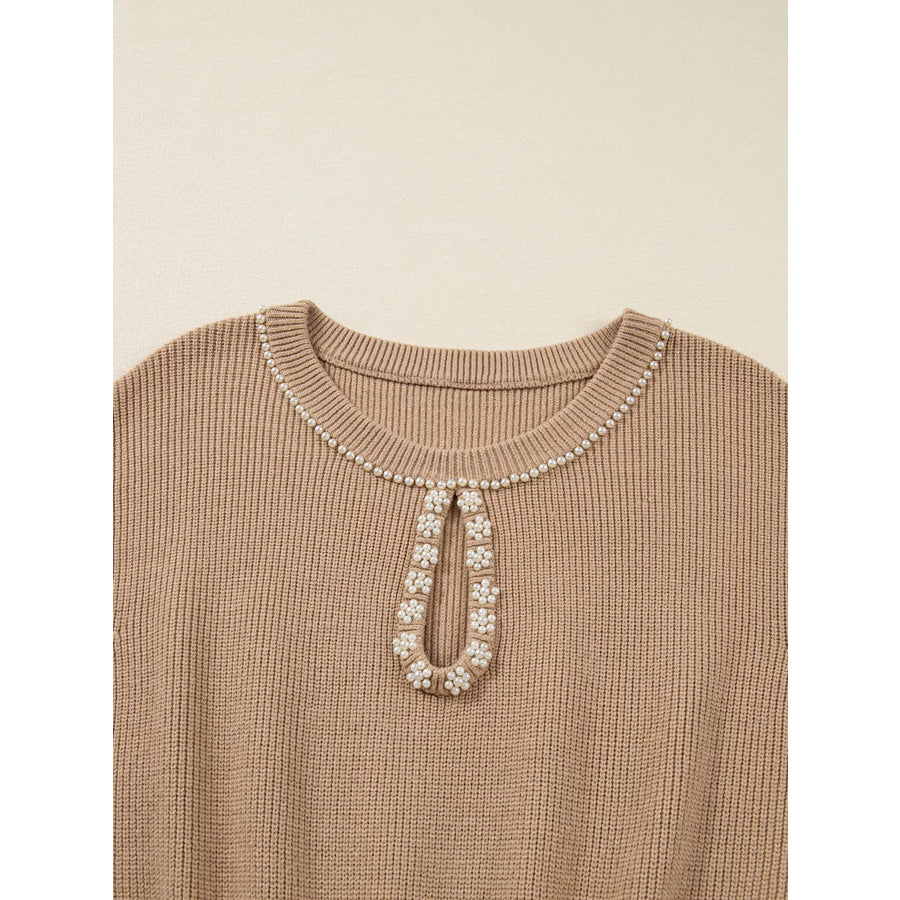 Pearl Embellished Keyhole Ribbed Sweater Dress Apparel and Accessories