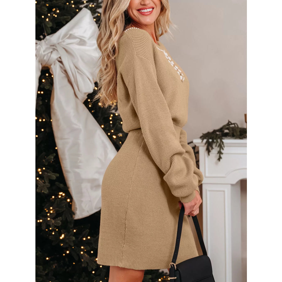 Pearl Embellished Keyhole Ribbed Sweater Dress Apparel and Accessories