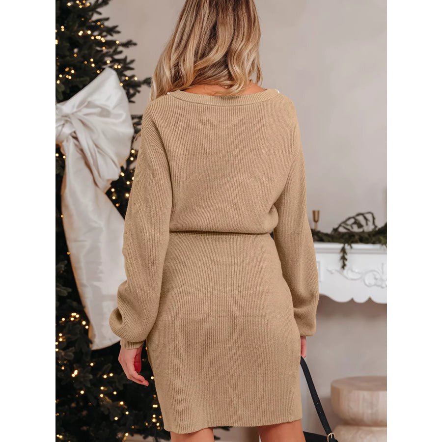 Pearl Embellished Keyhole Ribbed Sweater Dress Apparel and Accessories