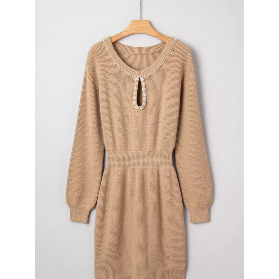 Pearl Embellished Keyhole Ribbed Sweater Dress Apparel and Accessories