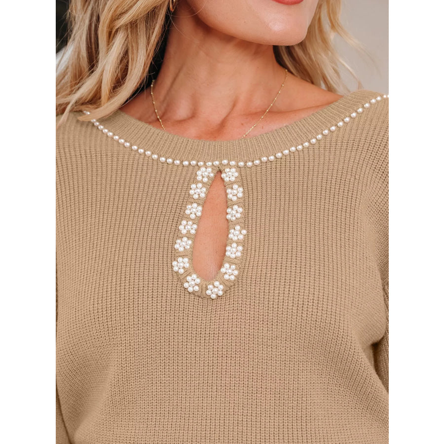 Pearl Embellished Keyhole Ribbed Sweater Dress Apparel and Accessories
