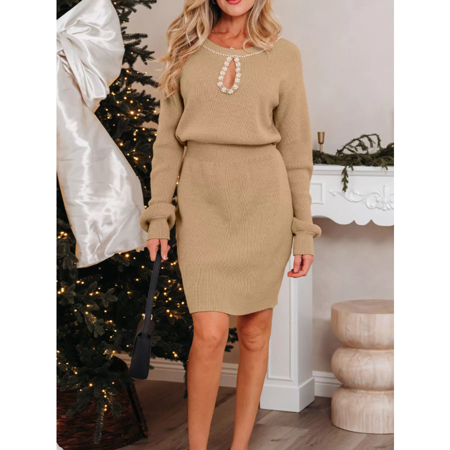 Pearl Embellished Keyhole Ribbed Sweater Dress Camel / S Apparel and Accessories