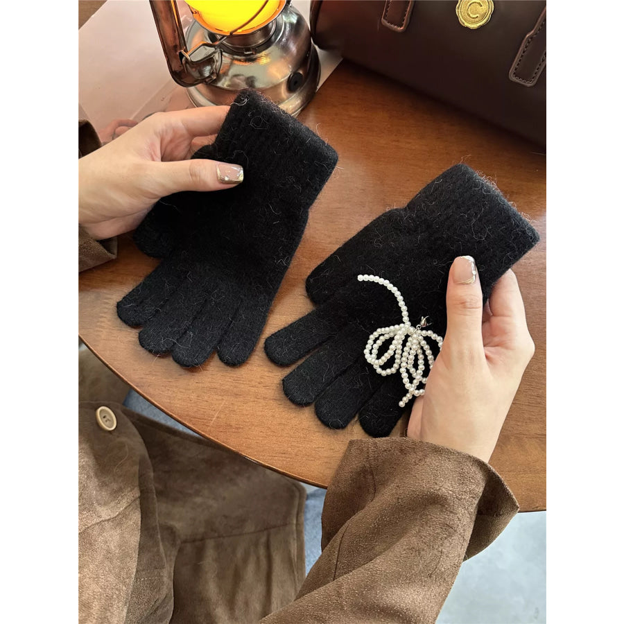 Pearl Embellished Knit Gloves Black / ONESIZE Apparel and Accessories
