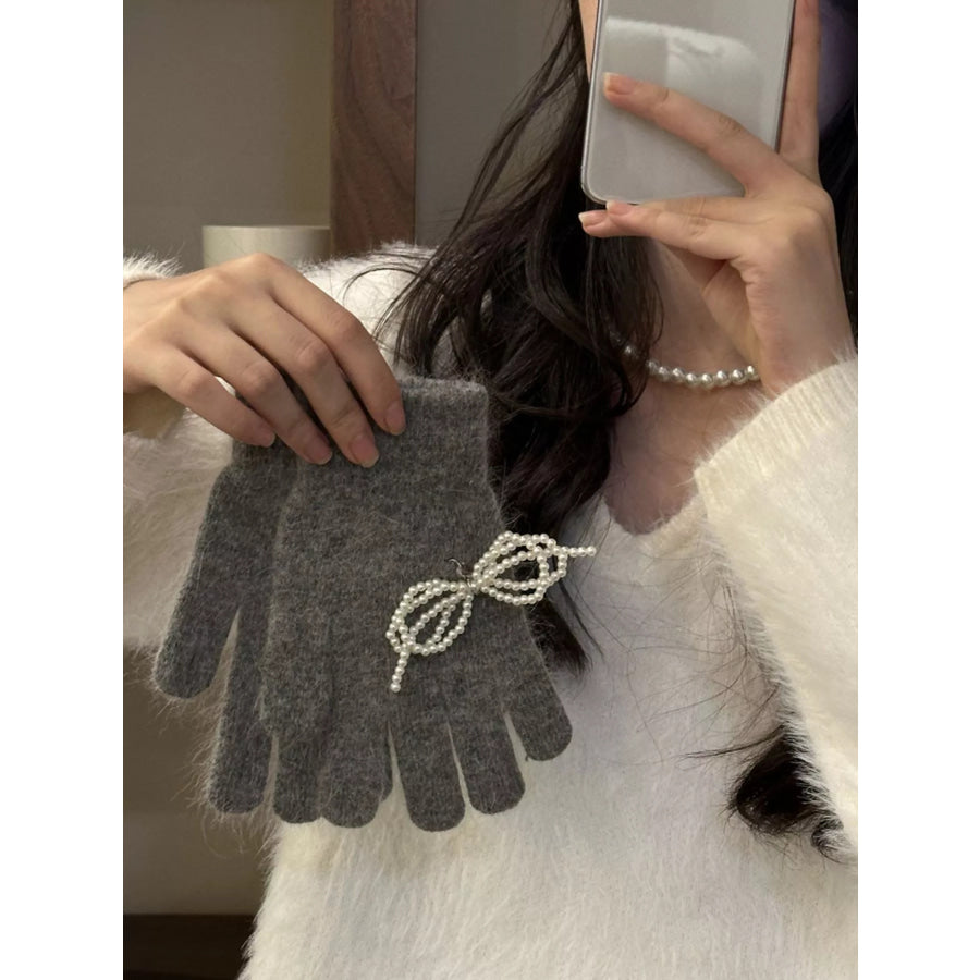 Pearl Embellished Knit Gloves Dark Gray / ONESIZE Apparel and Accessories