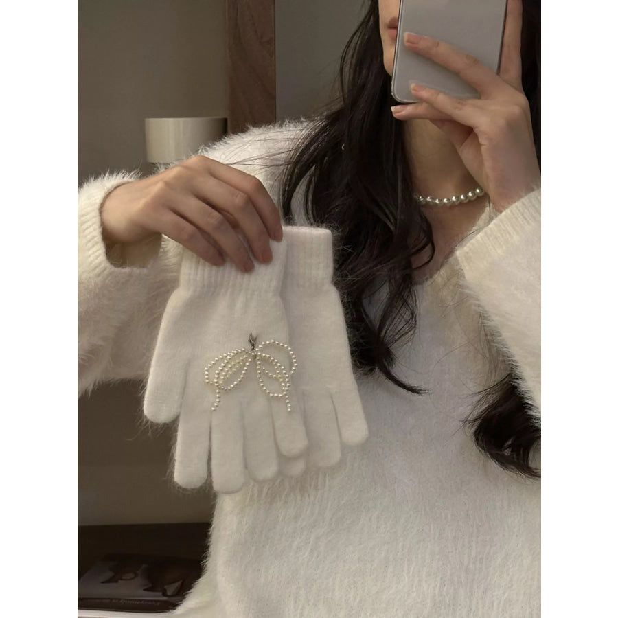 Pearl Embellished Knit Gloves Milky White / ONESIZE Apparel and Accessories