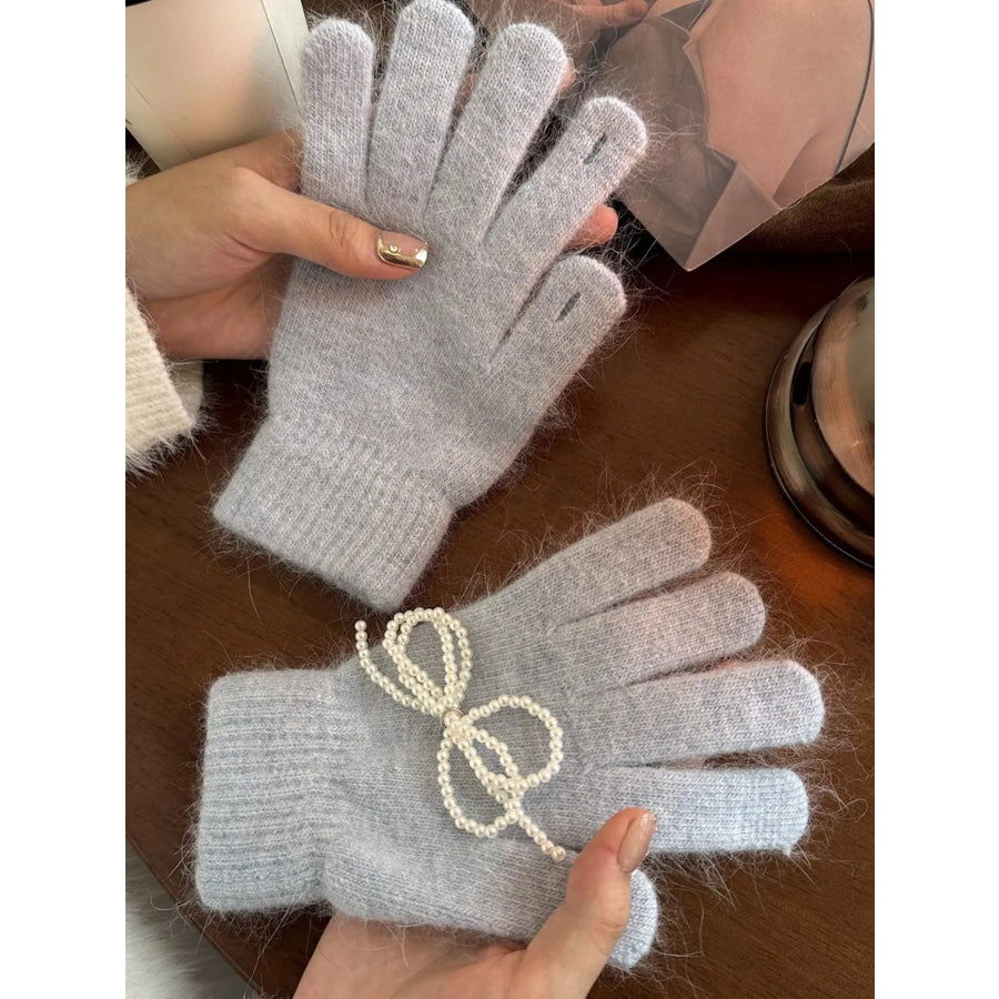 Pearl Embellished Knit Gloves Sky Blue / ONESIZE Apparel and Accessories