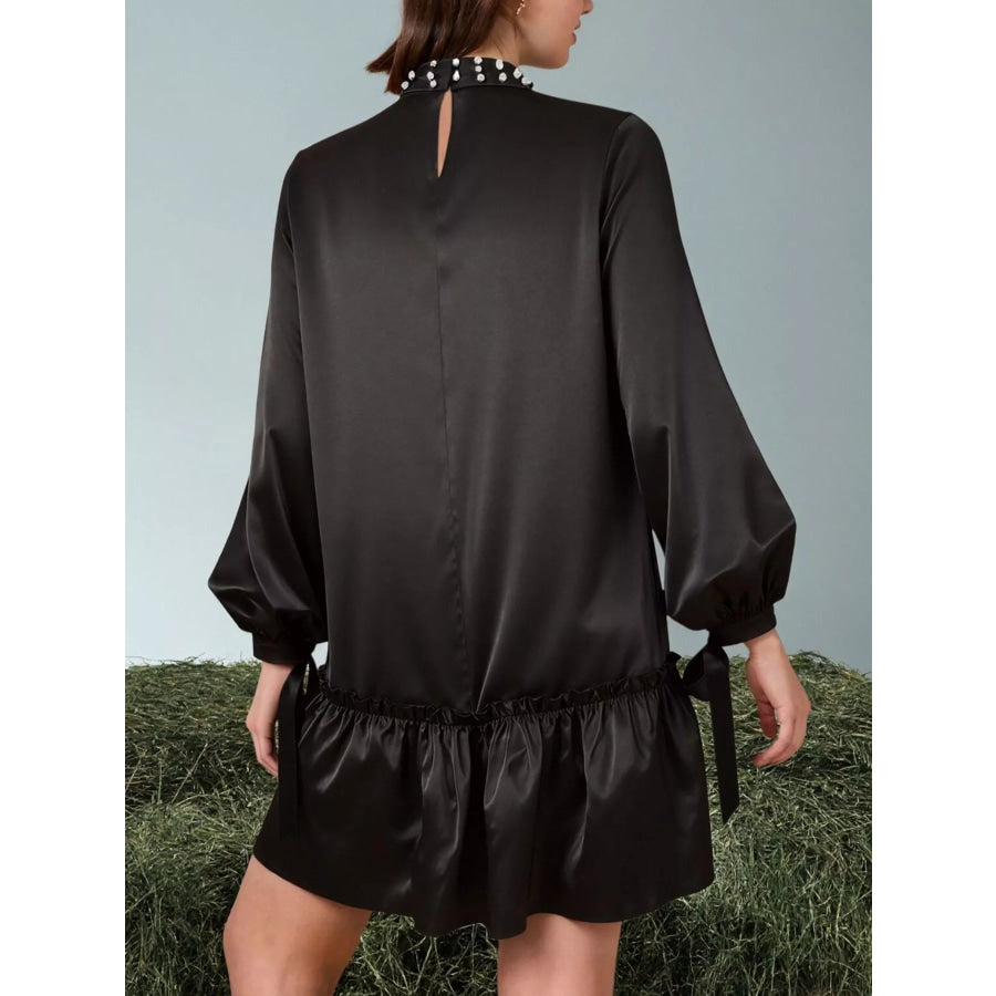 Pearl-Embellished Mock Neck Ruffle Hem Dress Apparel and Accessories