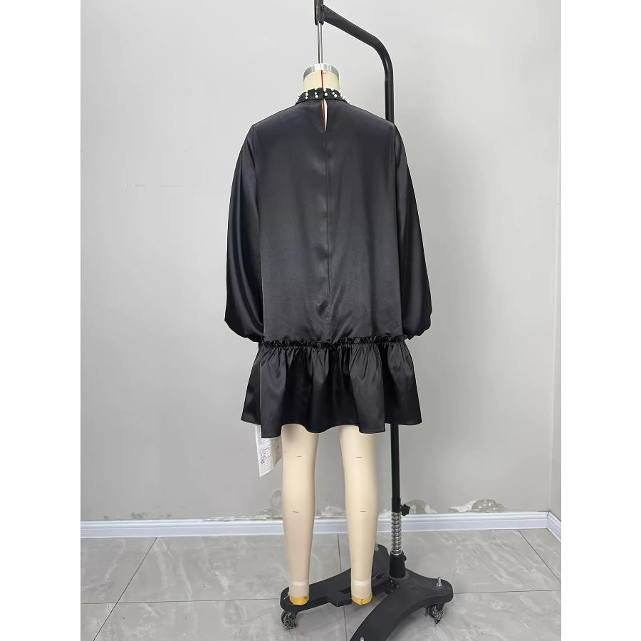 Pearl-Embellished Mock Neck Ruffle Hem Dress Apparel and Accessories