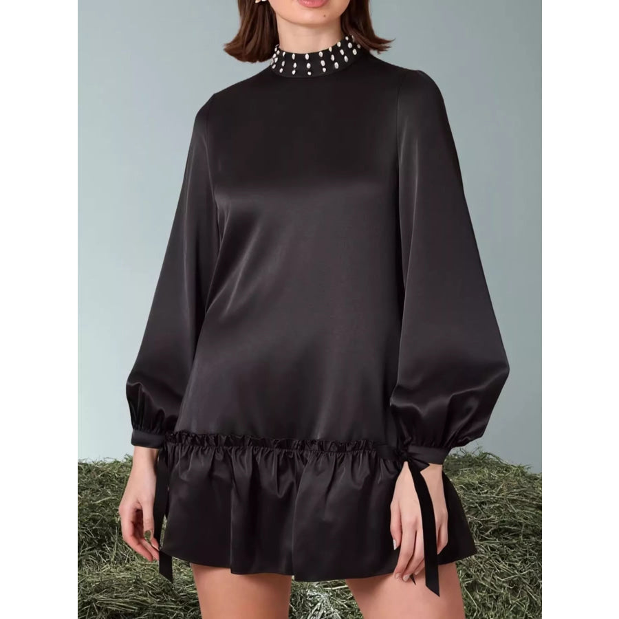 Pearl-Embellished Mock Neck Ruffle Hem Dress Apparel and Accessories