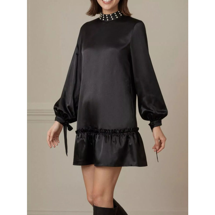 Pearl-Embellished Mock Neck Ruffle Hem Dress Apparel and Accessories