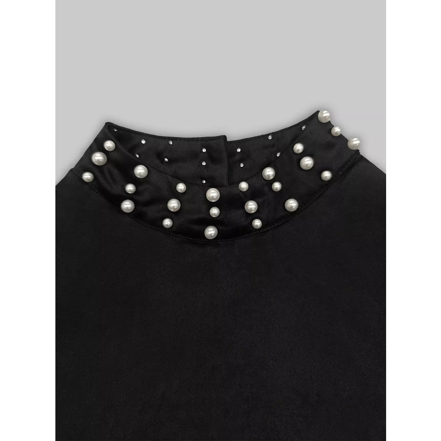 Pearl-Embellished Mock Neck Ruffle Hem Dress Apparel and Accessories