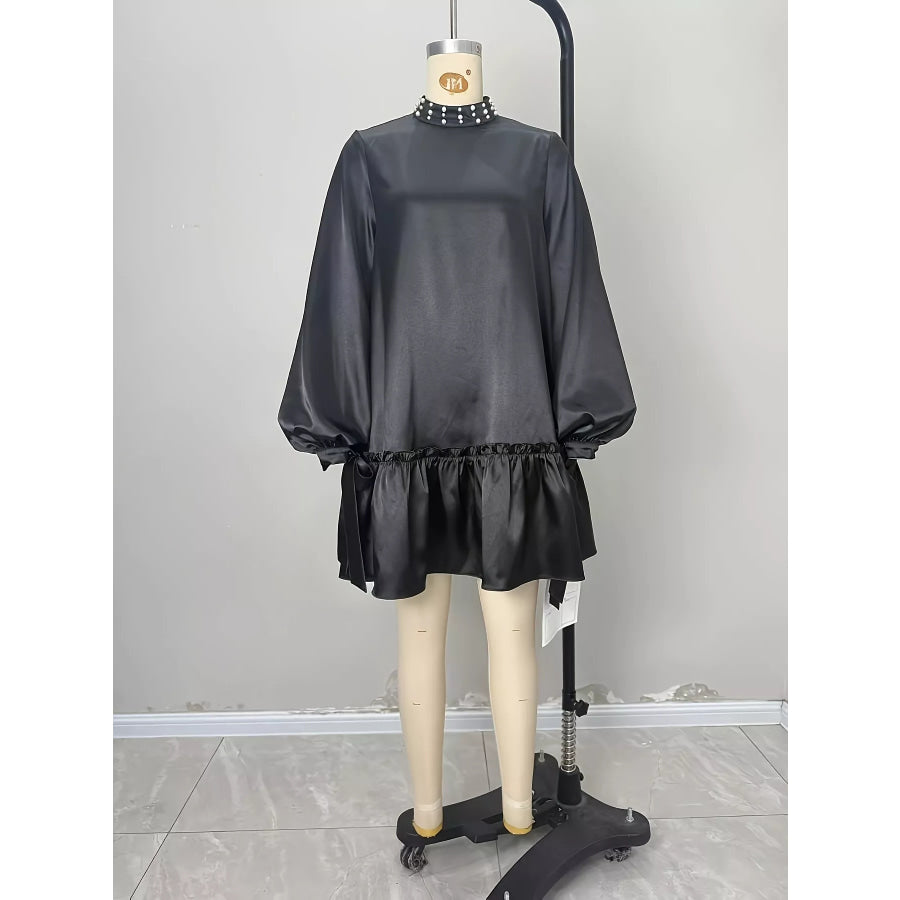Pearl-Embellished Mock Neck Ruffle Hem Dress Apparel and Accessories