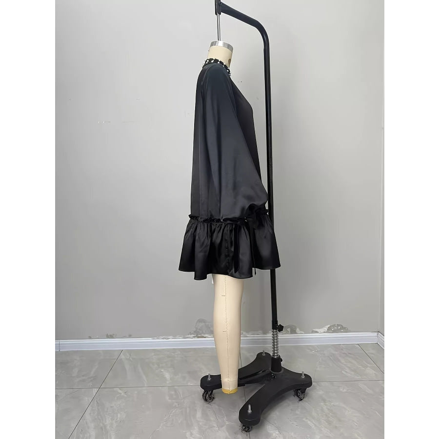 Pearl-Embellished Mock Neck Ruffle Hem Dress Apparel and Accessories