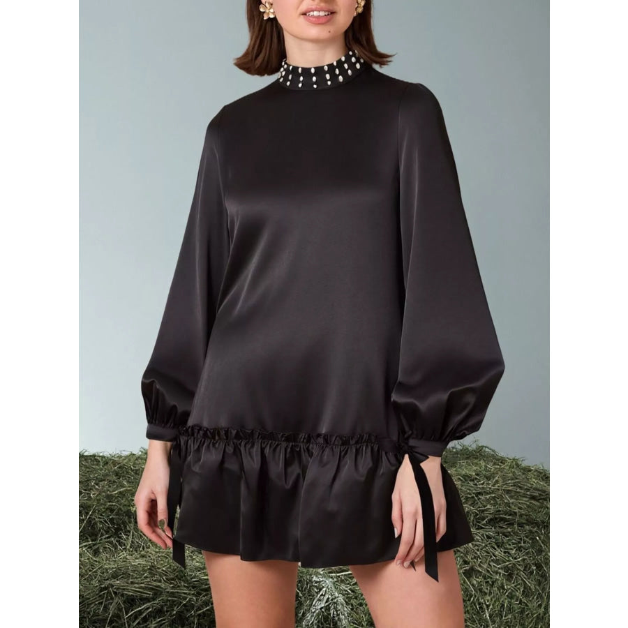 Pearl-Embellished Mock Neck Ruffle Hem Dress Black / S Apparel and Accessories