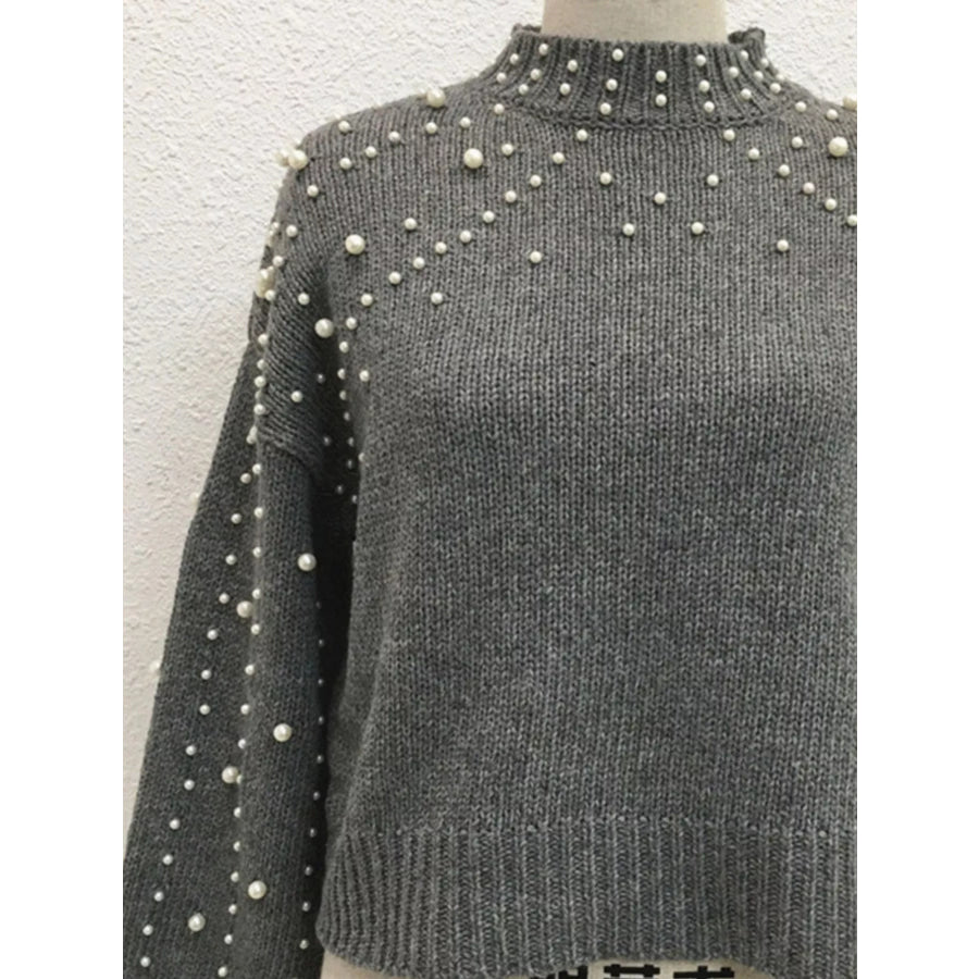 Pearl-Embellished Mock Neck Sweater Apparel and Accessories