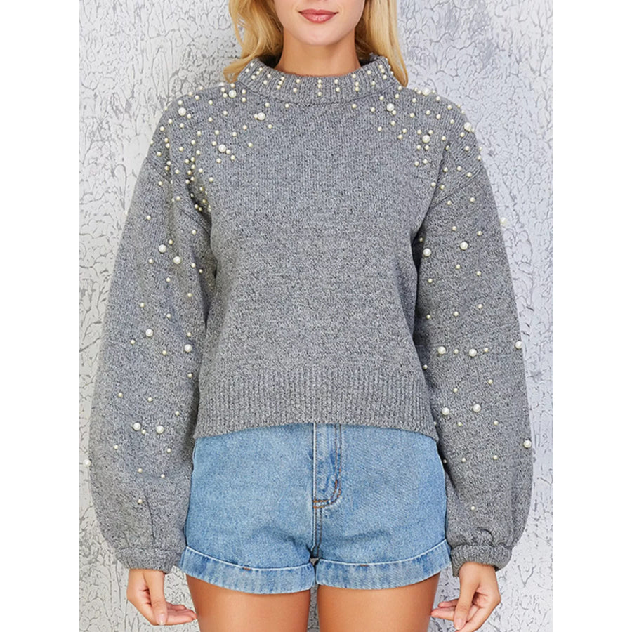 Pearl-Embellished Mock Neck Sweater Apparel and Accessories