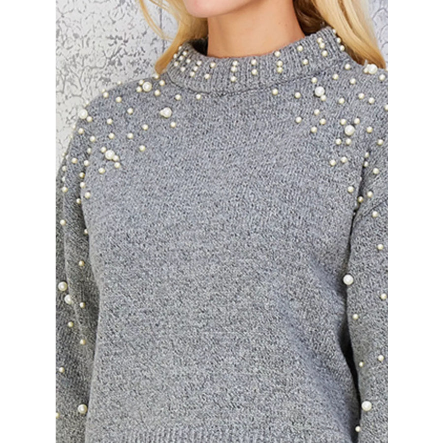Pearl-Embellished Mock Neck Sweater Apparel and Accessories