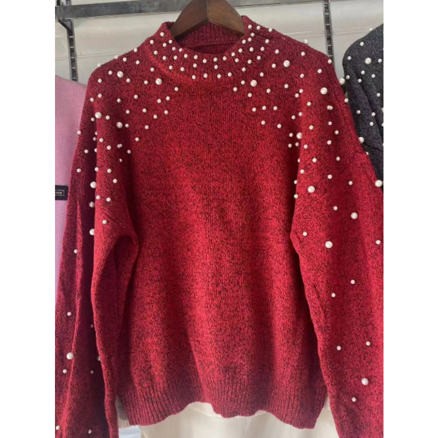 Pearl-Embellished Mock Neck Sweater Apparel and Accessories