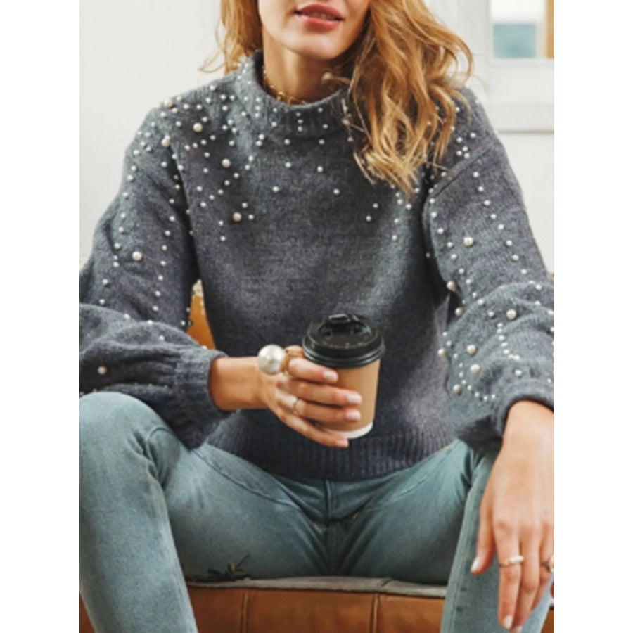 Pearl-Embellished Mock Neck Sweater Dark Gray / S Apparel and Accessories