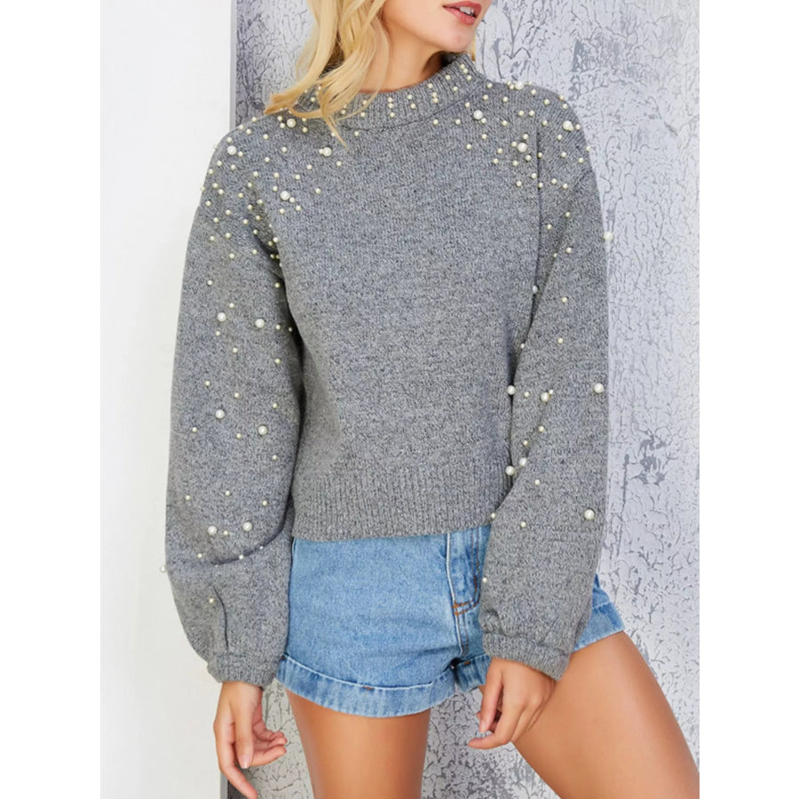 Pearl-Embellished Mock Neck Sweater Light Gray / S Apparel and Accessories