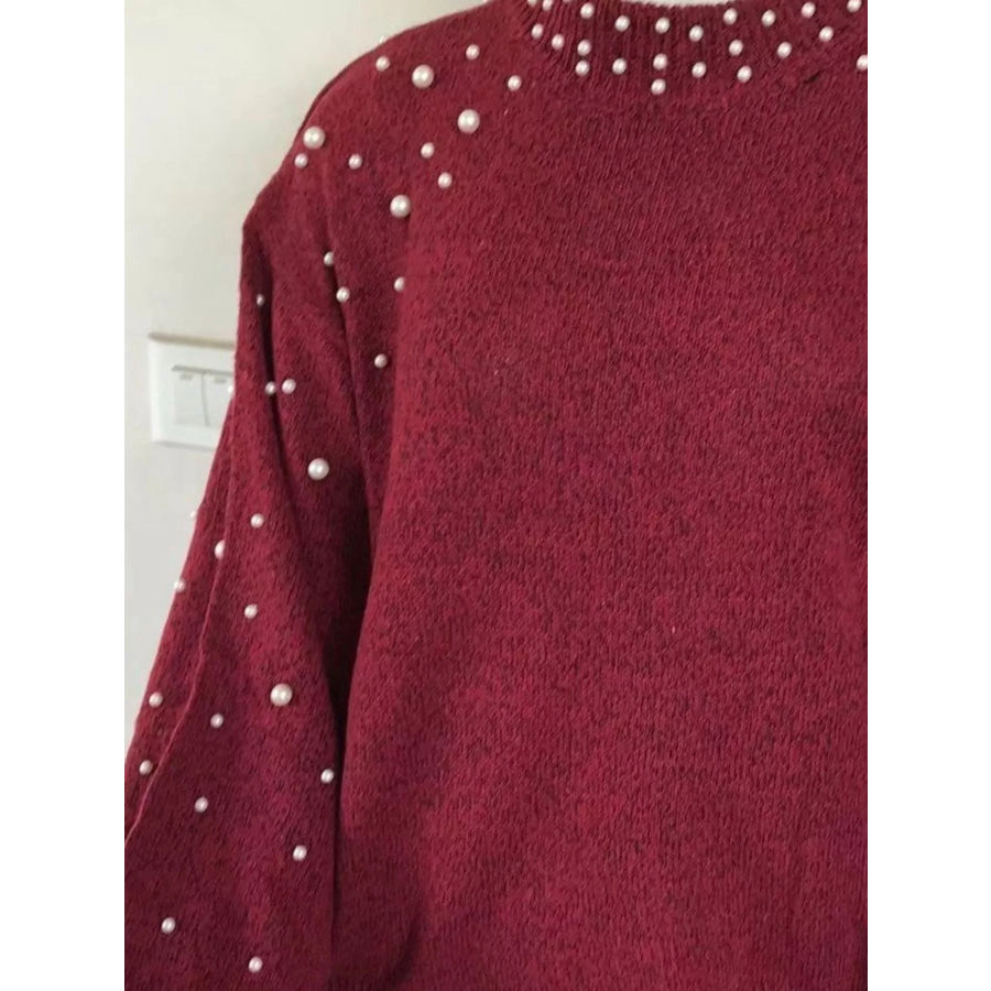 Pearl-Embellished Mock Neck Sweater Wine Red / S Apparel and Accessories