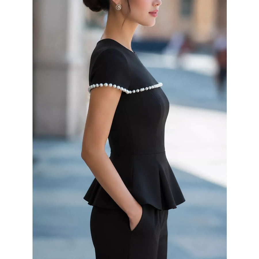Pearl Embellished Peplum T-Shirt Apparel and Accessories