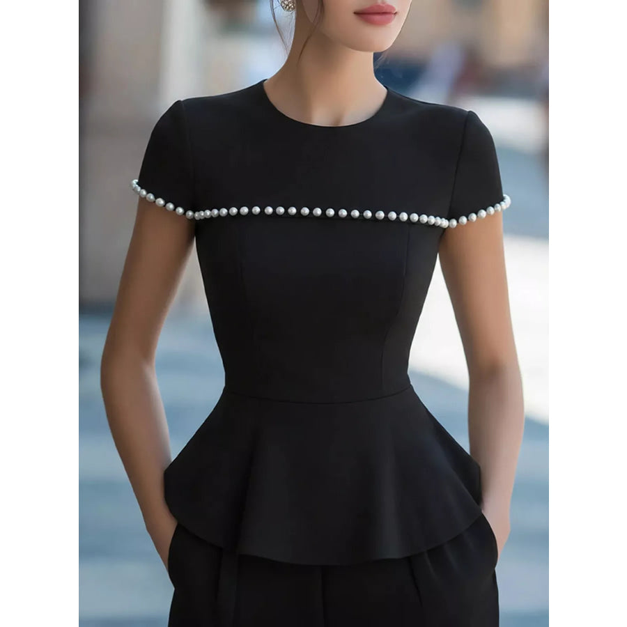 Pearl Embellished Peplum T-Shirt Black / S Apparel and Accessories