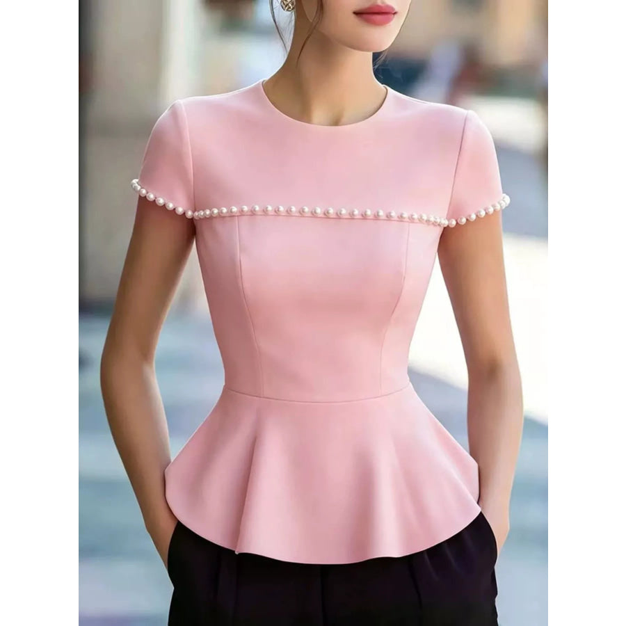 Pearl Embellished Peplum T-Shirt Dusty Pink / S Apparel and Accessories
