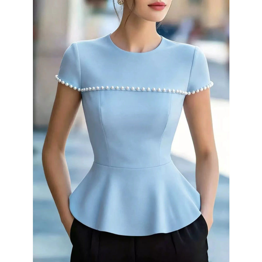 Pearl Embellished Peplum T-Shirt Light Blue / S Apparel and Accessories