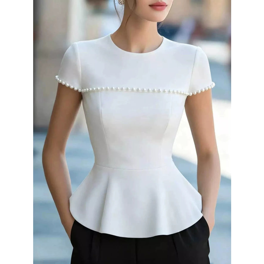 Pearl Embellished Peplum T-Shirt White / S Apparel and Accessories